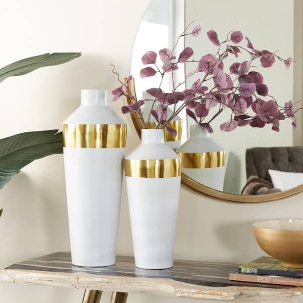 Litton Lane 20 in., 16 in. White Metal Decorative Vase with Gold Band (Set of 2)