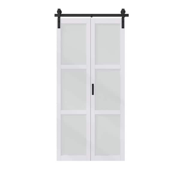 40 in. x 84 in. Assembled Bi-Fold 3 Lite Frosted Glass White Primed Solid Core MDF Sliding Barn Door with Hardware Kit