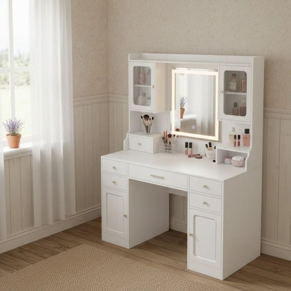 DPCH 6-Drawers Snow White Makeup Vanity Table Dressing Table with Extra Large Mirror Storage Cabinets and Golden Handle