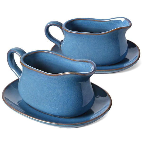16 oz. Blue Ceramic Sauce Gravy Boat Set of 2 with Tray for Salad Dressings, Creamer, Broth, Black Pepper