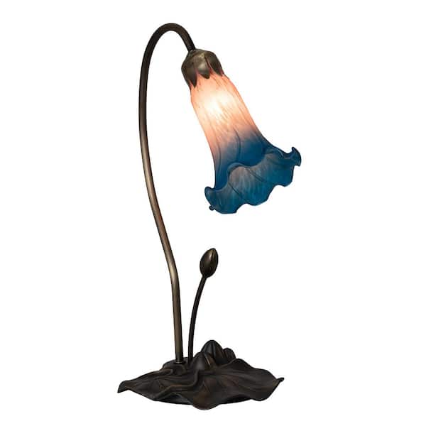 Pond Lily 16 in. Mahogany Bronze Novelty Victorian Mini Table Lamp with Pink and Blue Glass Shade