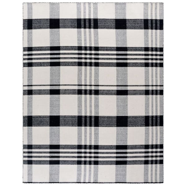 Striped Kilim 9 ft. x 12 ft. Black/Ivory Modern Plaid Area Rug