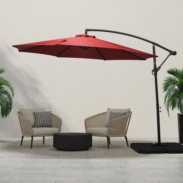 Bayshore Outdoor 10 ft. Hanging Offset Cantilever Patio Umbrella with Easy Crank Lift and Cross Base in Red