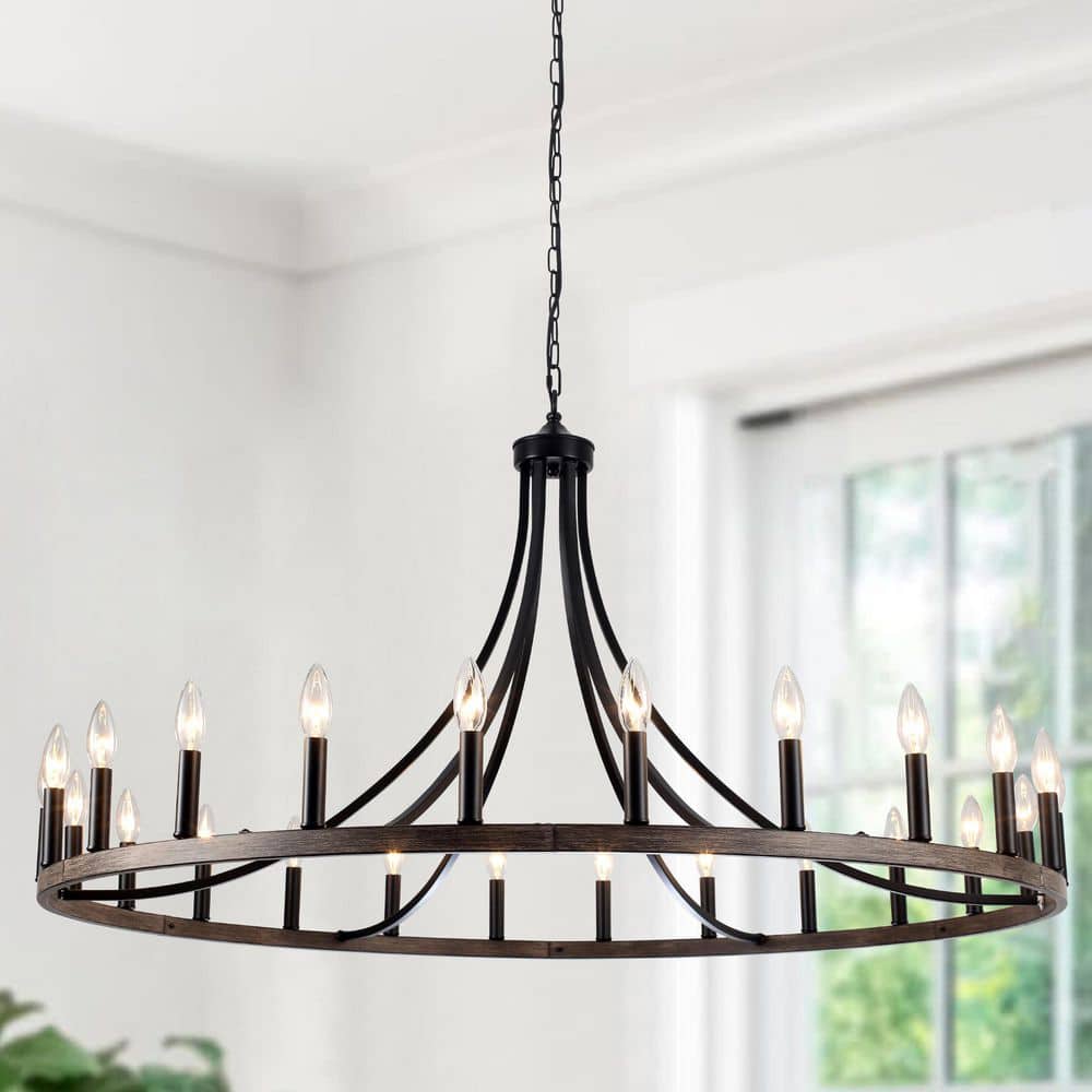 47 in. 24-Light Brown Vintage Candle Country Wagon Wheel Chandelier Adjustable Light Fixture for Living Room Hallway price history on PriceWatchPro