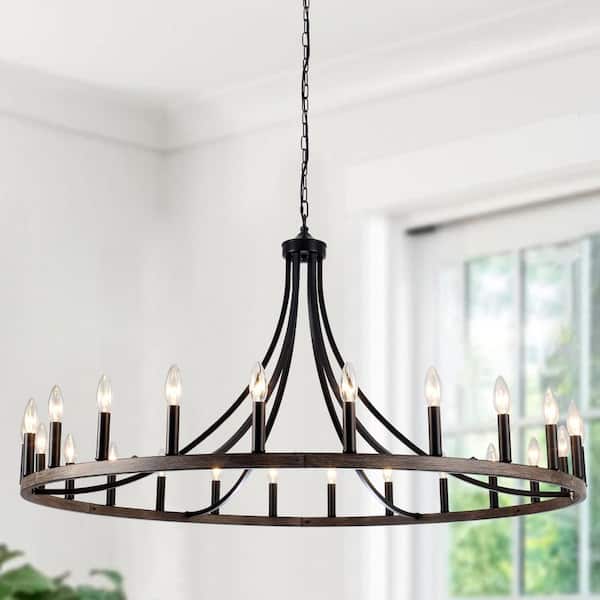 47 in. 24-Light Brown Vintage Candle Country Wagon Wheel Chandelier Adjustable Light Fixture for Living Room Hallway
