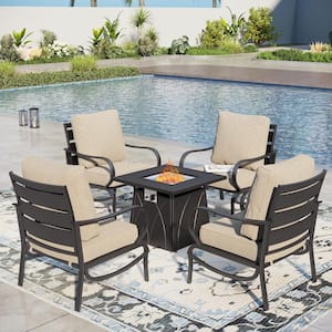 Black Metal Slatted 4 Seat 5-Piece Steel Outdoor Fire Pit Patio Set with Beige Cushions and Square Fire Pit Table