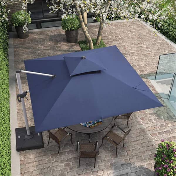 PURPLE LEAF 10 ft. Sunbrella Aluminum Square 360° Rotation Silvery Color Cantilever Patio Umbrella with Stand, Spectrum Indigo