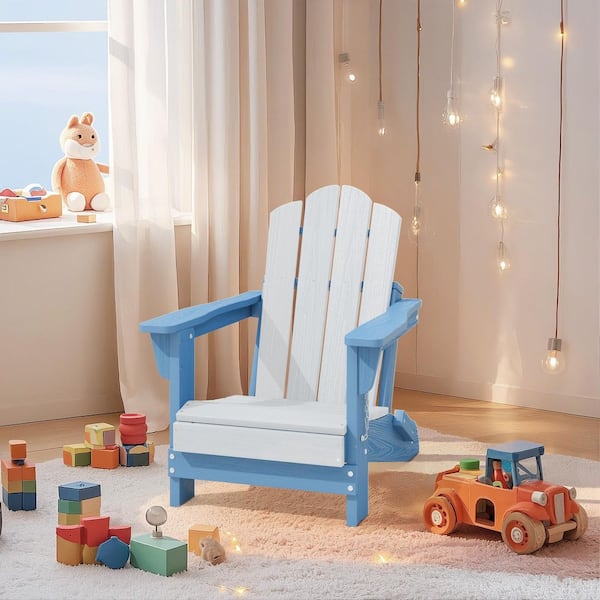 Children HDPE Folding All-Weather Adirondack Chair with Ergonomic and Safe Design, Blue/White