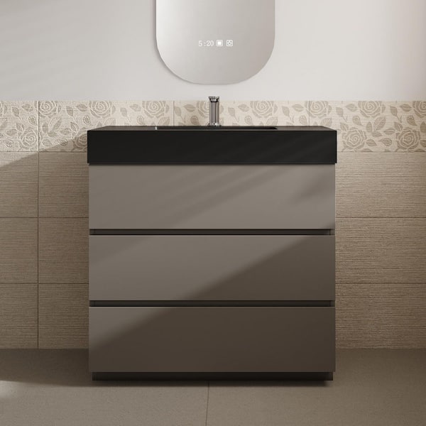 MEDUNJESS Aaby 36 in. W x 18 in. D x 37 in. H Bath Vanity Cabinet in Gray with Black Solid Surface Top and Sink