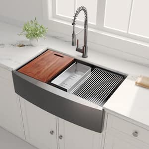 All in-One 36 in. Gunmetal Black Stainless Steel 16-Gauge Single Bowl Farmhouse/ApronFront Kitchen Sink with accessories