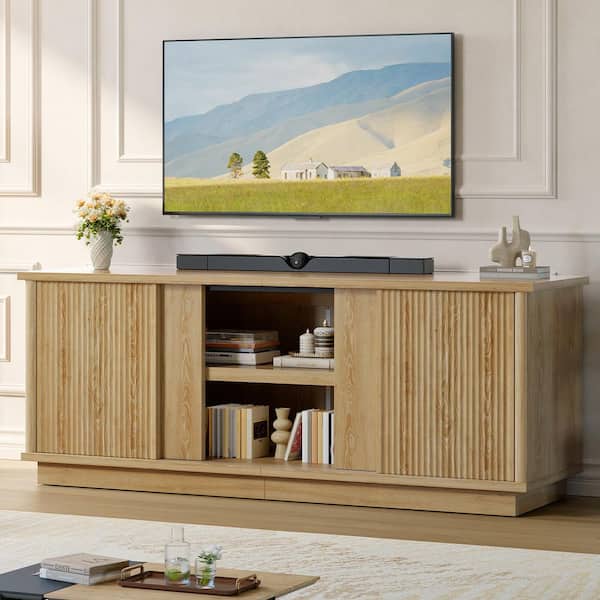 65 in. Modern Natural Oak TV Stand Fits TVs up to 70 in. with Fluted Sliding Door and Storage Cabinet