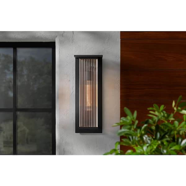 Jardine 20 in. 1-Light Black Modern Outdoor Wall Light Fixture with Clear Ribbed Glass