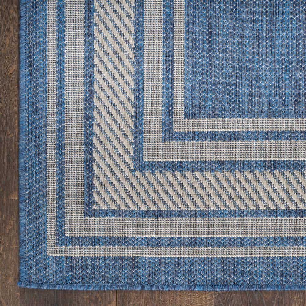 Denim Blue and Beige Geometric Rectangular 4' x 6' Indoor/Outdoor Rug