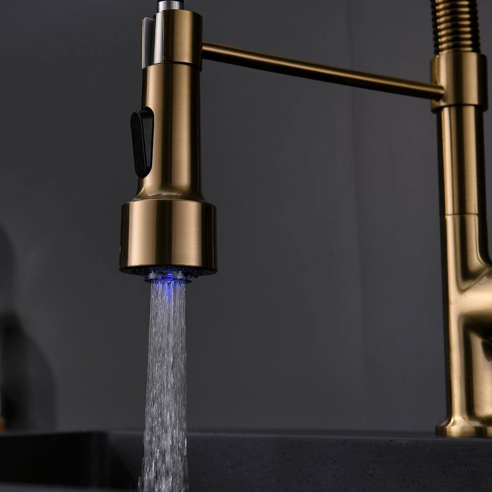 Brushed Gold Single Handle Pull Down Kitchen Faucet with LED