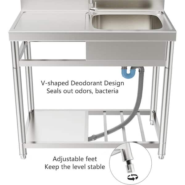 Adrinfly 20 in. D x 39 in. W Freestanding Utility Sink in Stainless Steel with Cold/Hot Water Faucet and Drain Kit (Right bowl)