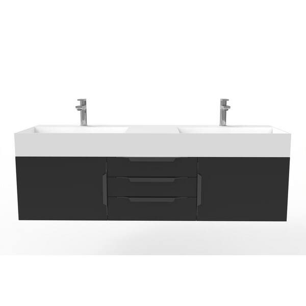 castellousa Maranon 60 in. W x 19 in. D x 19.25 in. H Double Floating Bath Vanity in Matte Black with Black Trim and White Top