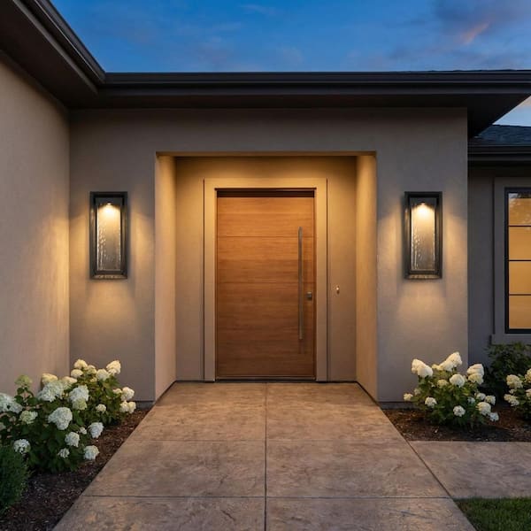 Urbandale 12.5 in. W x 28 in. H Textured Black LED Transitional Outdoor Wall Lantern with Clear Water Glass