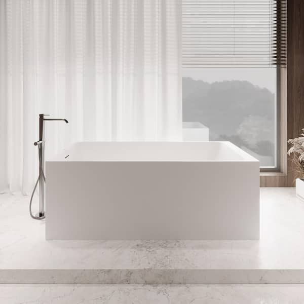 59 in. x 28 in. NS5880CH Stone Resin Freestanding Soaking Bathtub in Matte White with Polished Chrome Drain, Bamboo Tray