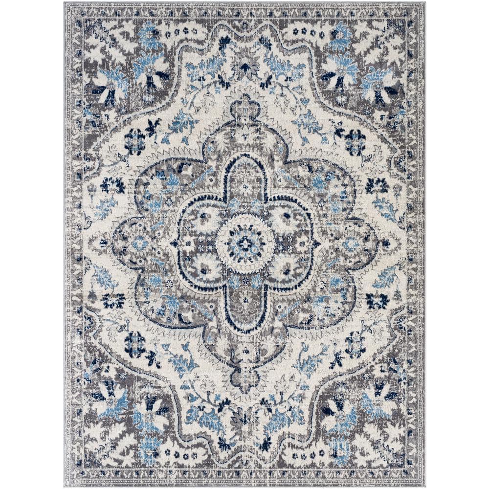 Gray and Blue Vintage Medallion Low Pile Area Rug