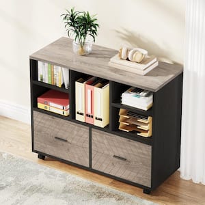 Atencio 2-Drawer Gray and Black Wood 39.37 in. W Lateral Mobile File Cabinet with Open Storage Shelves and Casters