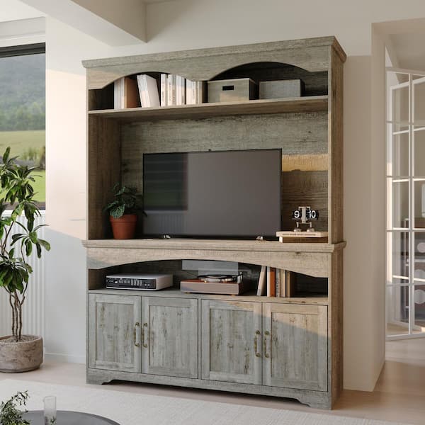 Brown Wood Buffet, Sideboard, TV Console Table, Storage Cabinet, Bookcase, 4 Open Storage Space & 4 Shelves with 4 Doors
