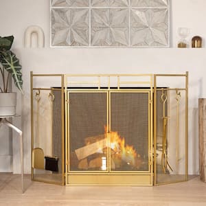48 in. Fireplace Screen Gold 4-Panel Fire Spark Guard Hinged Doors with Fireplace Tools