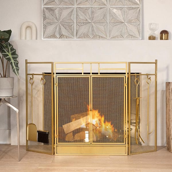 Barton 48 in. Fireplace Screen Gold 4-Panel Fire Spark Guard Hinged Doors with Fireplace Tools