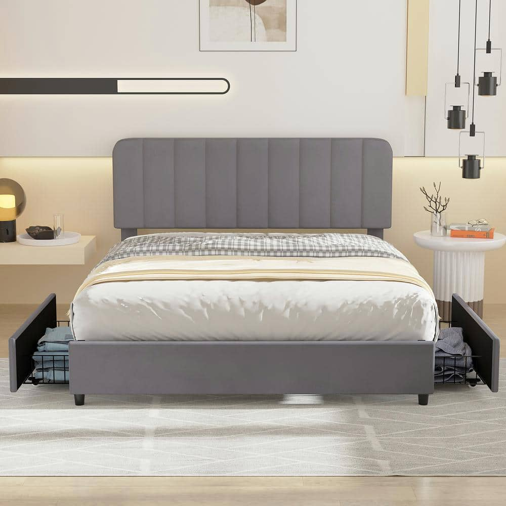 VECELO Upholstered Bed Gray Metal Frame Full Size Platform Bed with 4 ...