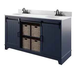 60 in. W x 22 in. D x 37.9 in. H Barn Door Double Bathroom Vanity Side Cabinet in Insignia Blue with White Marble Top