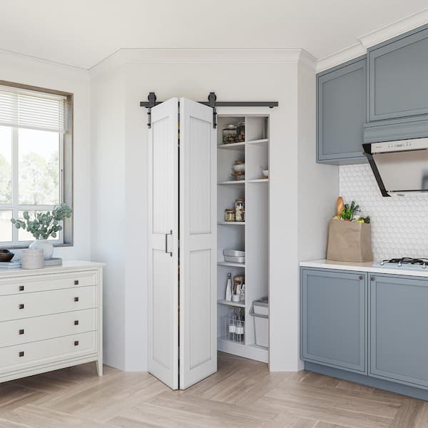 28 in. x 84 in. Bi-Fold Paneled H shape Mid-Bar White Finished MDF Sliding Barn Door with Hardware Kit