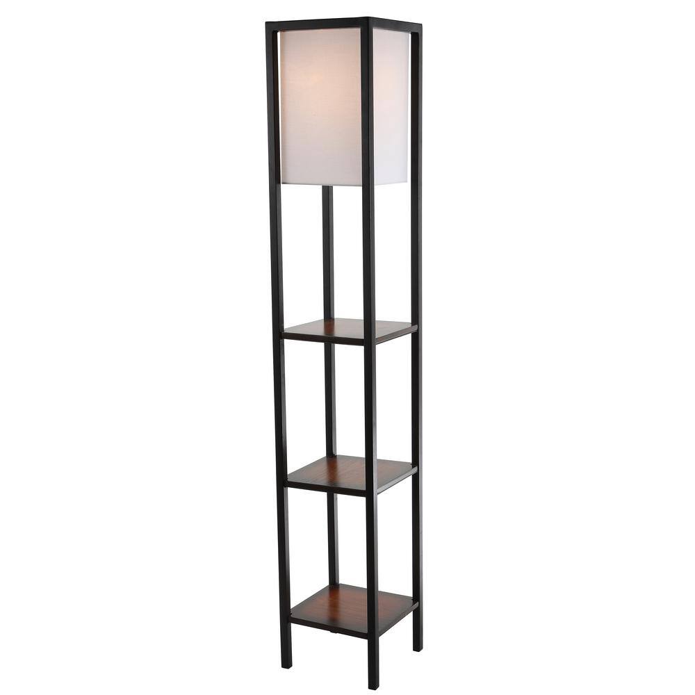 Cherry and Black Rectangle Shelf Floor Lamp with Off-White Shade