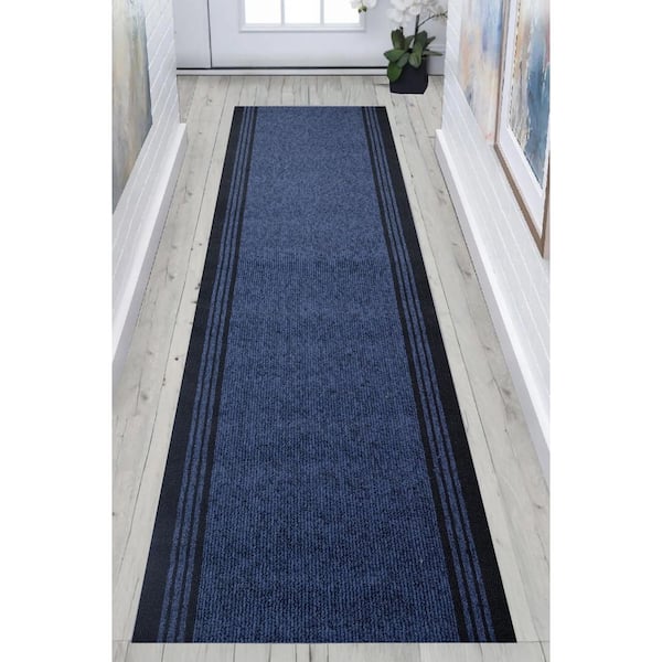 Custom Size New Tracker Collection Navy 26 in. W x 36 in. L Stair Runner 6.5 sq. ft.