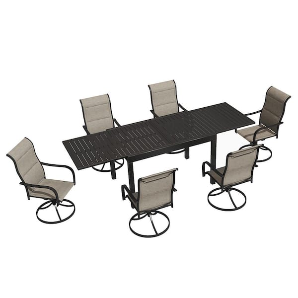 Clihome 7-Piece Metal Outdoor Dining Set with Extendable Dining Table & 6 Swivel Chairs, Rust-Resistant, Black, Garden Deck Use