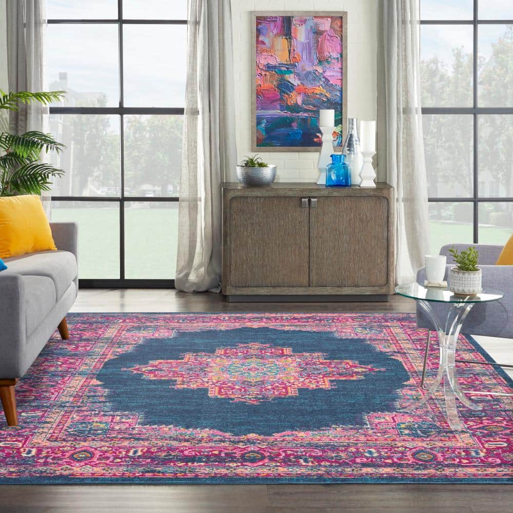 Handmade Reversible Blue Floral 8' x 10' Synthetic Rug