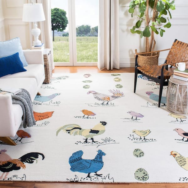 Novelty 8 ft. x 10 ft. Ivory/Blue Abstract Birds Area Rug