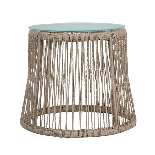 Unbranded Outdoor Patio 18.75 in. Round Steel and Rope Side Table for Patios, Backyards, Porches, Brown, Tempered Glas Table Top