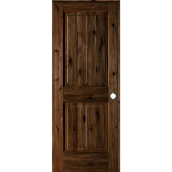 30 in. x 80 in. Knotty Alder 2 Panel Left-Hand Square Top V-Groove Provincial Stain Wood Single Prehung Interior Door