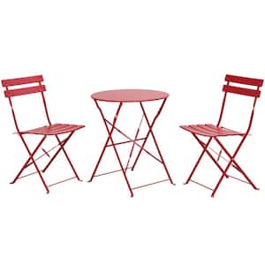 Red 3-Piece Steel Foldable Chairs and Round Outdoor Table Bistro Set