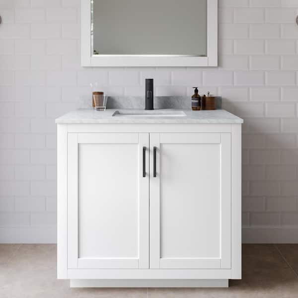 Wyndham Collection Miranda 36 in. W Single Bath Vanity in White with Marble Vanity Top in White Carrara with White Basin