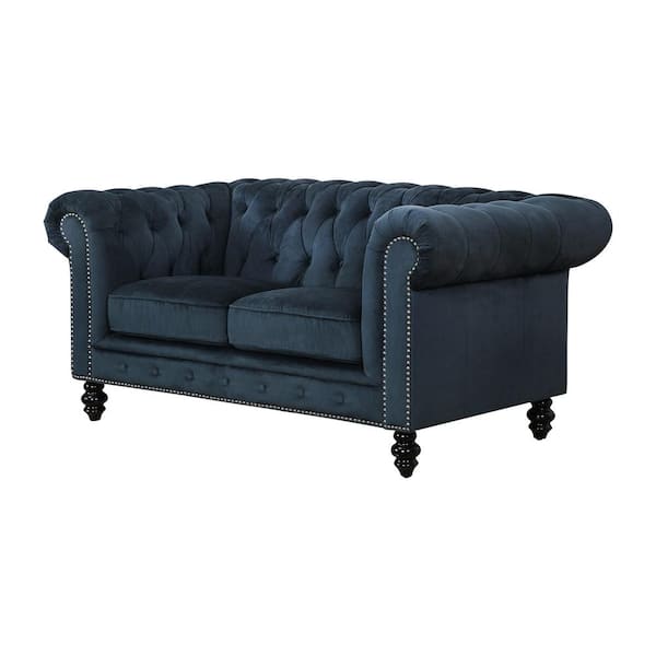 DEVON & CLAIRE Grand Chateaux 66 in. W Rolled Arm Velvet Chesterfield 2-Seat Sofa in Navy Blue