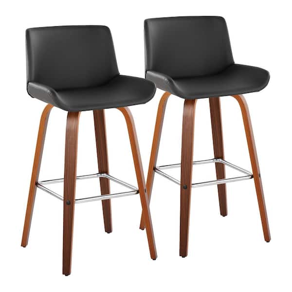 Santi 39.75 in. H Grey Faux Leather, Walnut Wood and Chrome Metal Fixed-Height Bar Stool with Square Footrest (Set of 2)