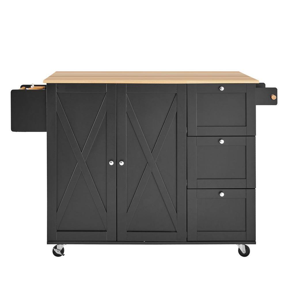 Black Wood 45.4 in. Kitchen Island with Drop Leaf Top, Spice Rack, Towel Ba