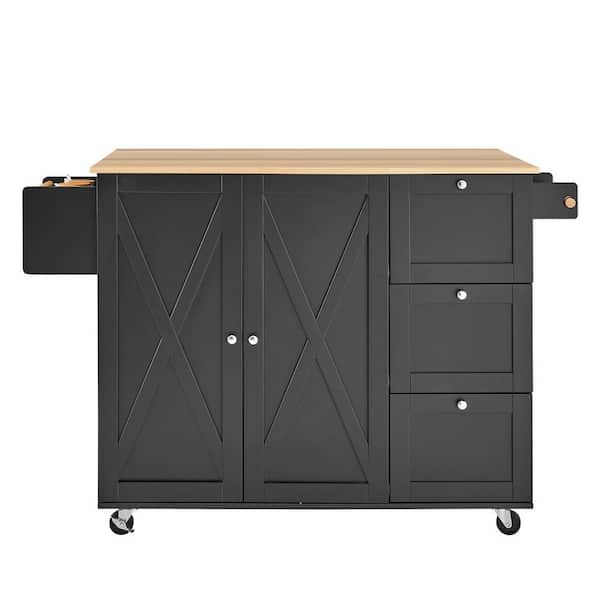 Unbranded Black Wood 45.4 in. Kitchen Island with Drop Leaf Top, Spice Rack, Towel Bar, Adjustable Shelf, Drawers and Hooks