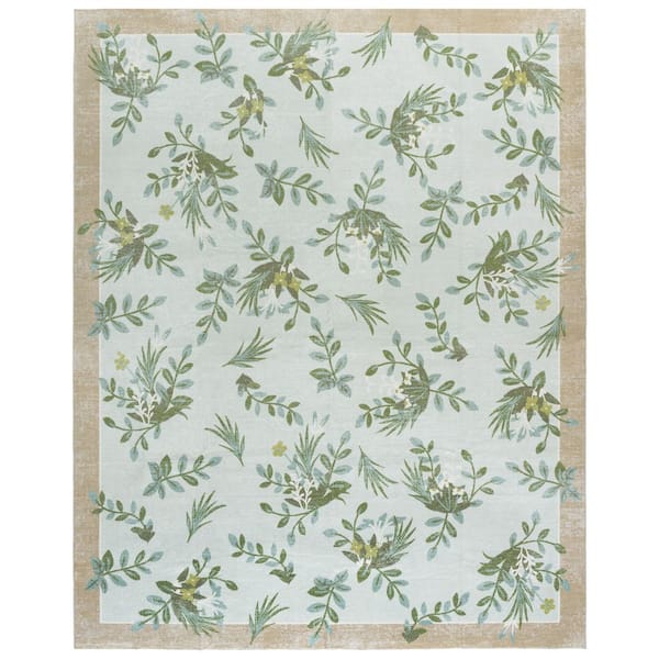 Martha Stewart Washable Taupe/Green 9 ft. x 12 ft. Machine Washable Botanical Border Area Rug