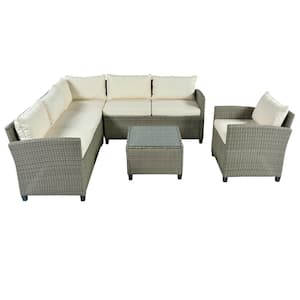 5-Piece Wicker Patio Conversation Sectional Seating Set with Beige Cushions