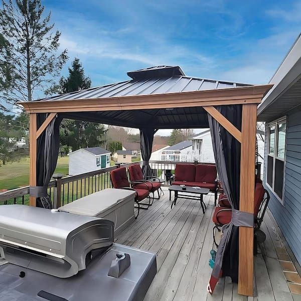 PURPLE LEAF 12 ft. x 12 ft.Wood Grain Aluminum Power-Coated Frame Galvanized Steel Double Roof Hardtop Gazebo,Hooks,Upgrade Netting