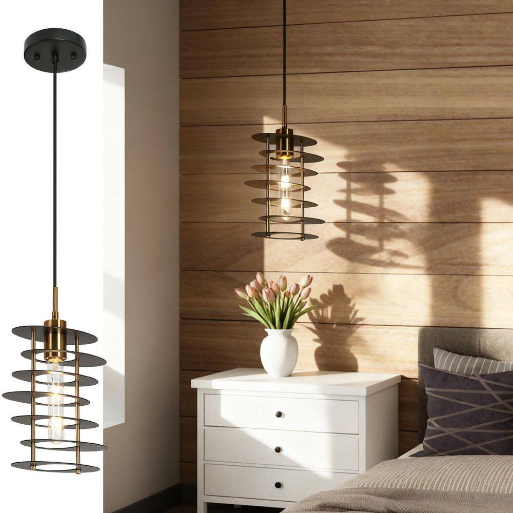 Industrial 1-Light Black and Brass Geometric Island Pendant Light with Metal Open Cage Shade for Foyer, LED Compatible price history on PriceWatchPro