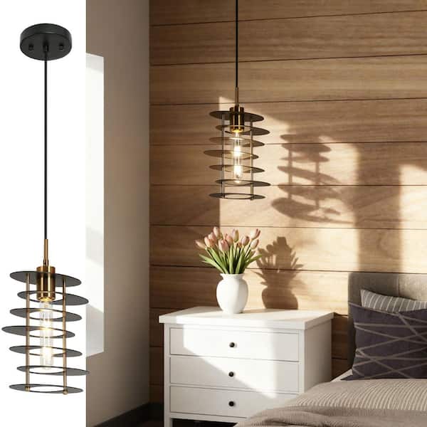 LNC Industrial 1-Light Black and Brass Geometric Island Pendant Light with Metal Open Cage Shade for Foyer, LED Compatible