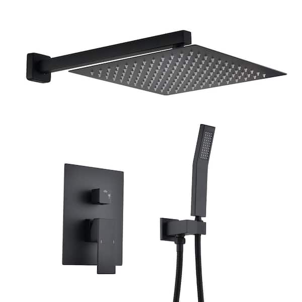 FORCLOVER 1-Spray Square High Pressure 12 in. Shower Head Brass Wall Bar Shower Kit with Hand Shower in Matte Black