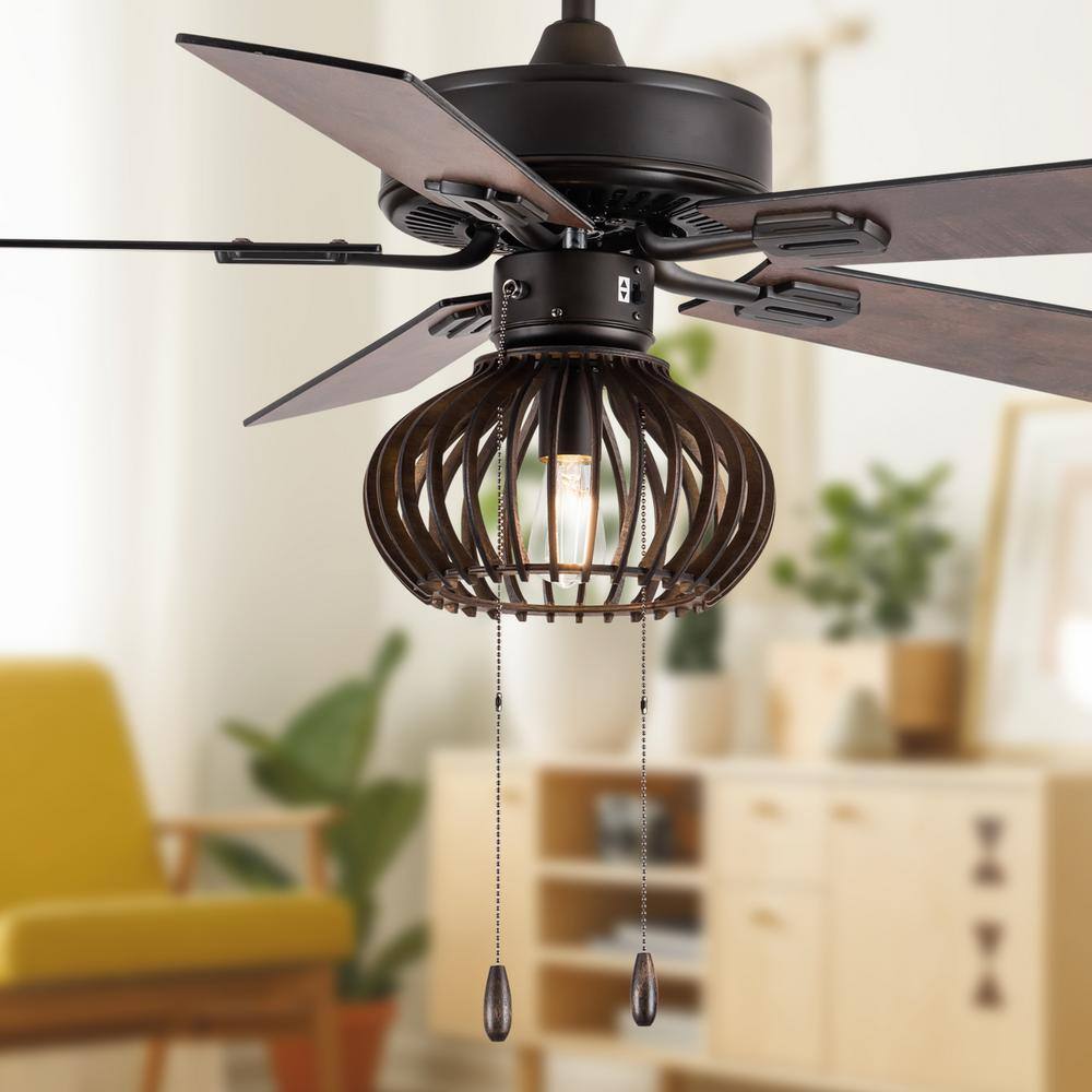 42-Inch Oil-Rubbed Bronze and Wood Caged Ceiling Fan with Light